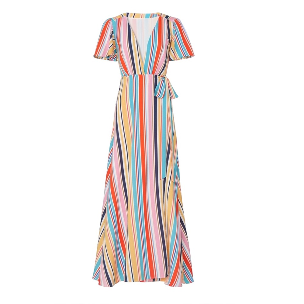 LOUNA Red/Yellow Striped Flutter Sleeve Waist Tie Maxi Wrap Dress - Size XS